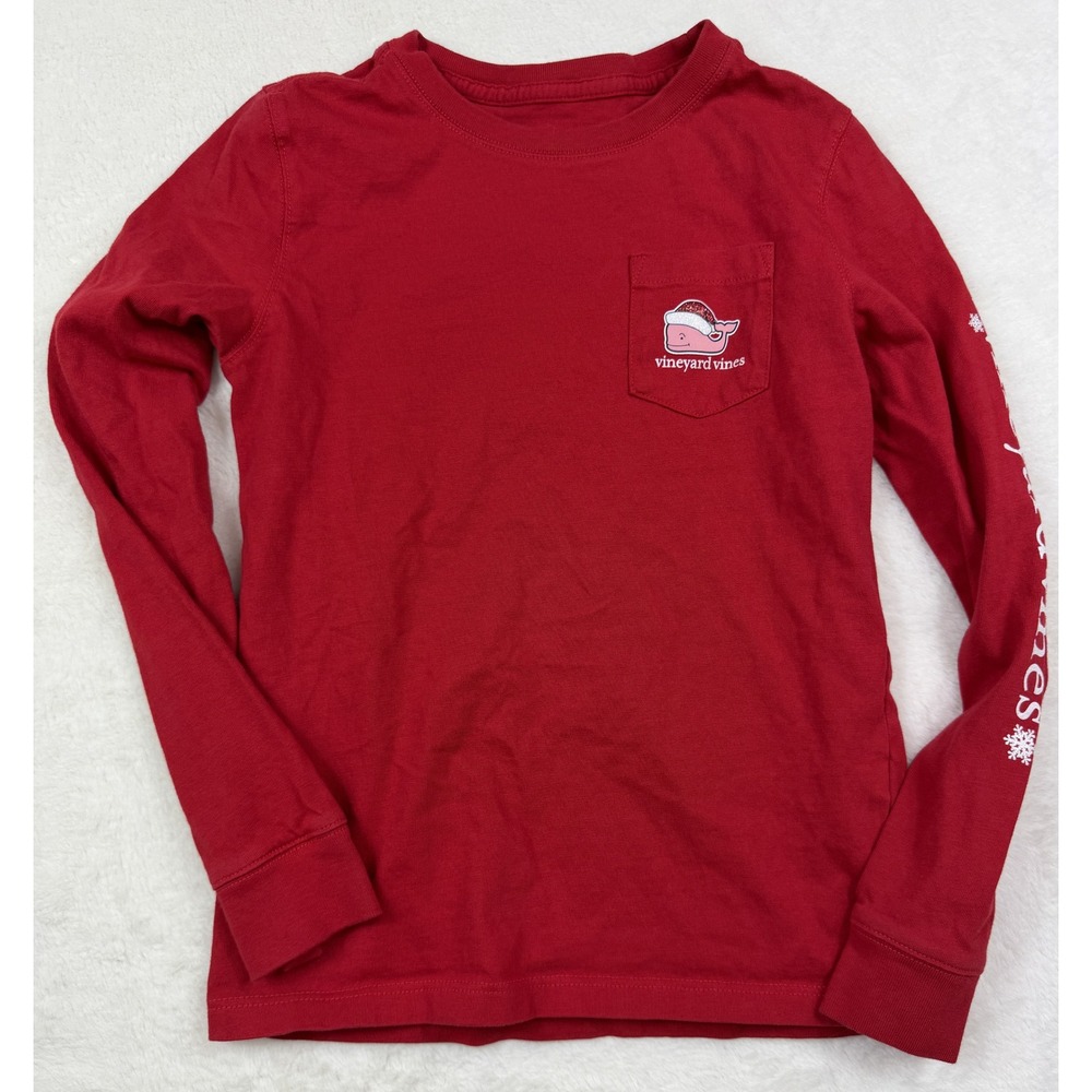 Vineyard Vines Kids XS 5-6 Red Christmas Santa Hat Whale Long Sleeve Pocket Tee